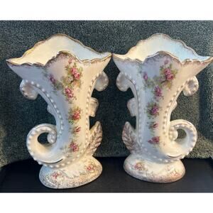 Pair of Peasant Village England Porcelain Cornucopia Vases Vintage
